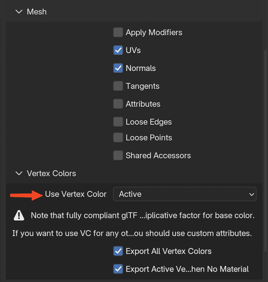 Blender gLTF export settings showing 'Use Vertex Color: Active' option